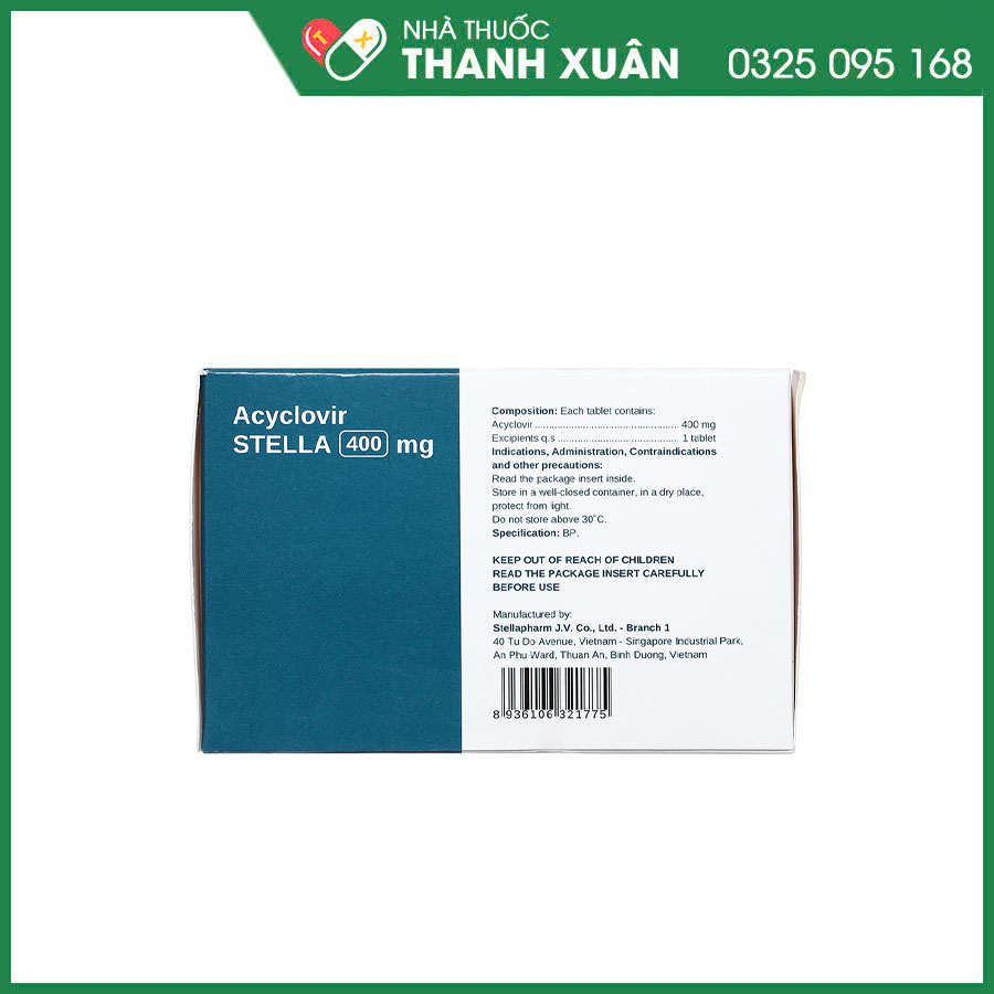 Acyclovir STELLA 400mg điều trị, phòng ngừa và ngăn ngừa tái phát nhiễm Herpes simplex, bệnh thủy đậu và zona